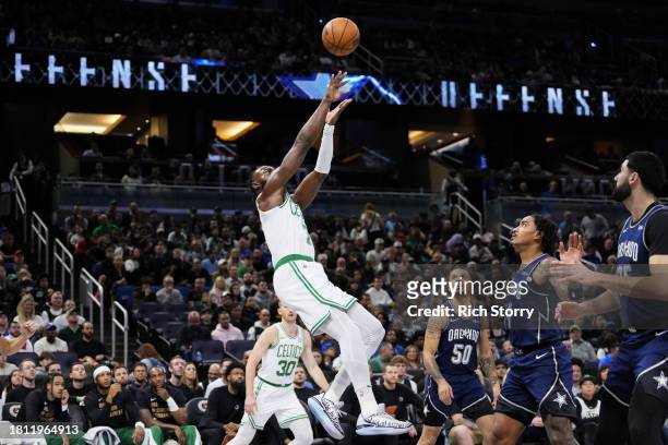 Jaylen Brown of the Boston Celtics shoots the ball against the Orlando Magic during the first quarter of an NBA In-Season Tournament game at Amway...