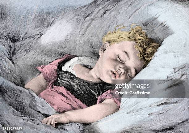 little baby sleeping the dream of innocence 1893 - child asleep in bedroom at night stock illustrations