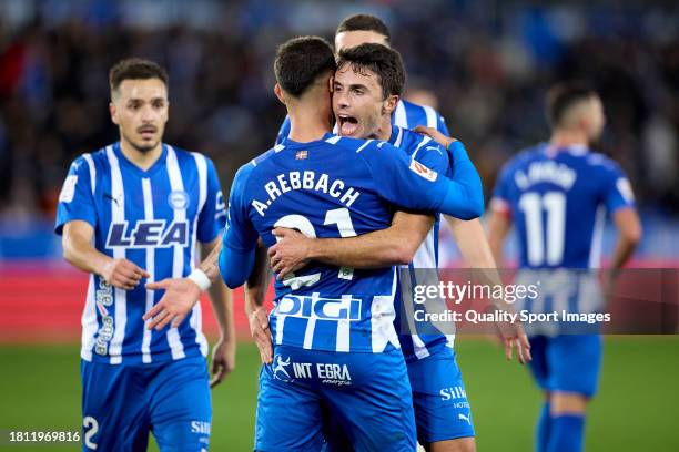 Abderrahmane Rebbach 'Abde' of Deportivo Alaves celebrates with his teammates after scoring his team's second goal during the LaLiga EA Sports match...