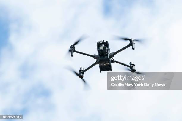 Drone is pictured flying during press conference on permitting for drone operations in New York City on Pier 35 in lower Manhattan ON July 2023.