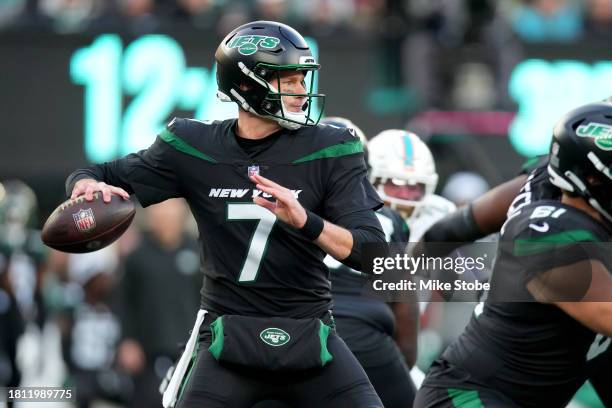 Tim Boyle of the New York Jets throws a pass against the Miami Dolphins during the first quarter in the game at MetLife Stadium on November 24, 2023...