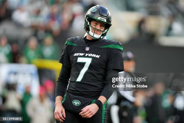 Tim Boyle of the New York Jets reacts against the Miami Dolphins during the first quarter in the game at MetLife Stadium on November 24, 2023 in East...