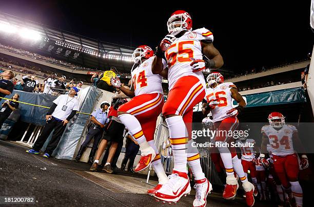 Akeem Jordan of the Kansas City Chiefs runs onto the field prior to the game against the Philadelphia Eagles at Lincoln Financial Field on September...