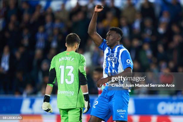 Samu Omorodion of Deportivo Alaves celebrates after scoring his team's third goal during the LaLiga EA Sports match between Deportivo Alaves and...