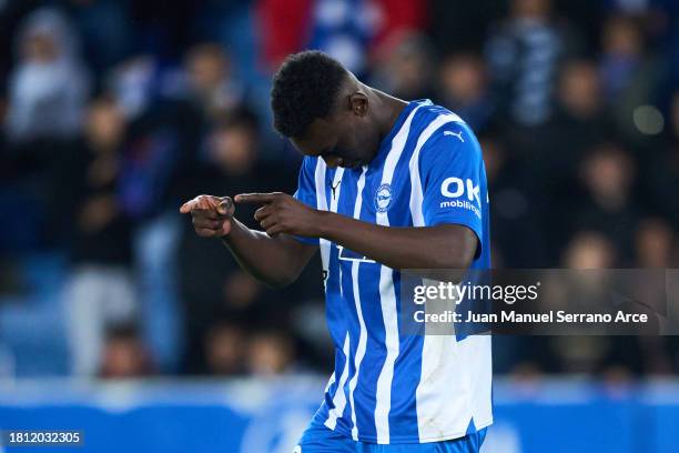 Samu Omorodion of Deportivo Alaves celebrates after scoring his team's third goal during the LaLiga EA Sports match between Deportivo Alaves and...