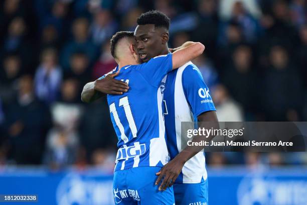 Samu Omorodion of Deportivo Alaves celebrates after scoring his team's third goal during the LaLiga EA Sports match between Deportivo Alaves and...