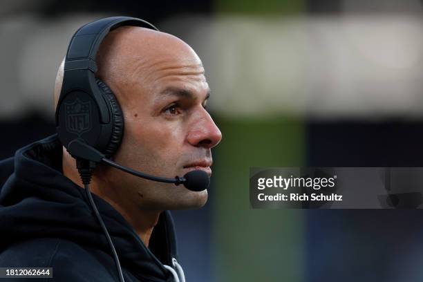 Head coach Robert Saleh of the New York Jets looks on against the Miami Dolphins during the second quarter in the game at MetLife Stadium on November...