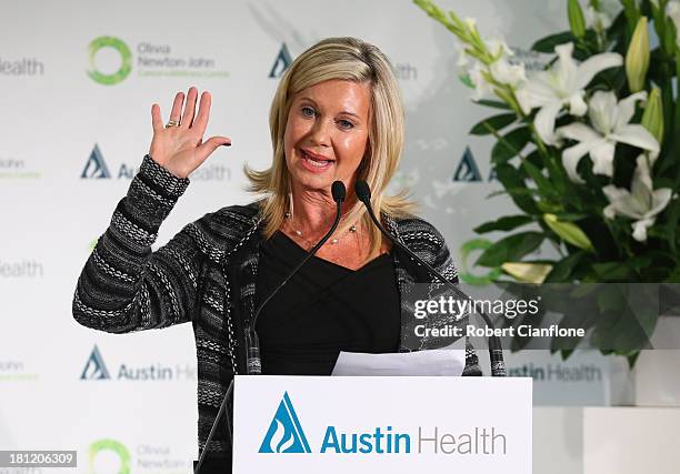 Olivia Newton-John speaks during the opening of the Olivia Newton John Cancer & Wellness Centre at Austin Hospital on September 20, 2013 in...