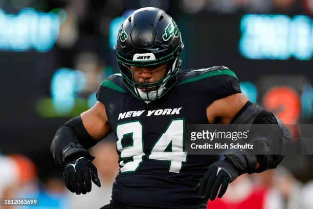 Solomon Thomas of the New York Jets celebrates after sacking Tua Tagovailoa of the Miami Dolphins during the second quarter in the game at MetLife...