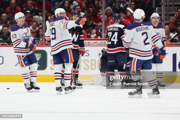 Leon Draisaitl of the Edmonton Oilers celebrates after scoring a goal against the Washington Capitals during the second period at Capital One Arena...