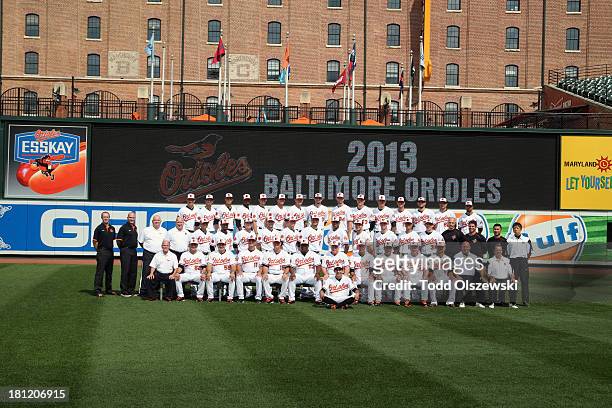 The 2013 Baltimore Orioles pose for their team photo at Oriole Park at Camden Yards on August 21, 2013 in Baltimore, Maryland.