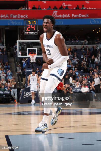 Jaren Jackson Jr. #13 of the Memphis Grizzlies celebrates during the game on November 29, 2023 at FedExForum in Memphis, Tennessee. NOTE TO USER:...