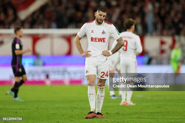Julian Chabot of 1.FC Köln looks dejected following defeat in the Bundesliga match between 1. FC Köln and FC Bayern München at RheinEnergieStadion on...