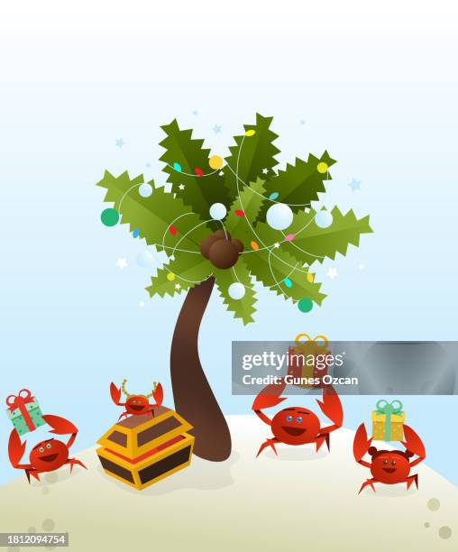 crabs celebrating christmas in the southern hemisphere - christmas palm tree - gifts - treasure chest - christmas ornaments - decoration - christmas in the beach - happy holidays - family celebrations - southern hemisphere stock illustrations