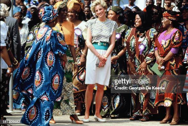 Diana, Princess of Wales, and Maryam Babangida , the wife of the Nigerian president General Ibrahim Badamasi Babangida, attend the Rural Women's Fair...