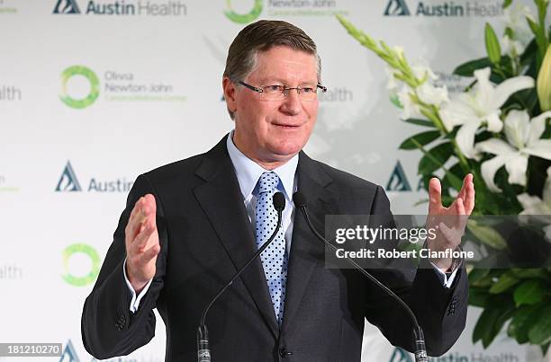 Victorian Premier Denis Napthine speaks at the formal opening of the Olivia Newton John Cancer & Wellness Centre at Austin Hospital on September 20,...