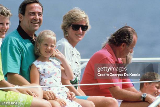 Queen Anne-Marie of Greece, King Constantine II of Greece, Princess Theodora of Greece, Diana, Princess of Wales, and King Juan Carlos of Spain on...