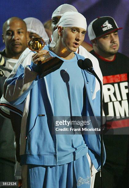Eminem on stage during the 45th Annual Grammy Awards at Madison Square Garden on February 23, 2003 in New York City.