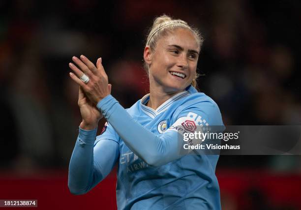 Steph Houghton of Manchester City celebrates after the Barclays Womens Super League match between Manchester United and Manchester City at Old...