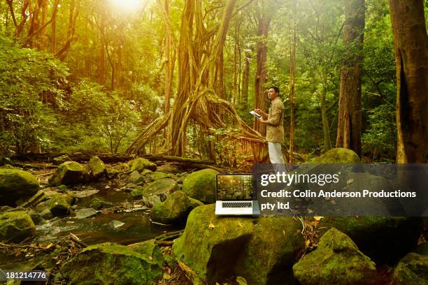 asian researcher working in jungle - forest scientist stock-fotos und bilder