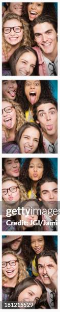 photobooth strip of friends posing together - passport sized photograph stock pictures, royalty-free photos & images