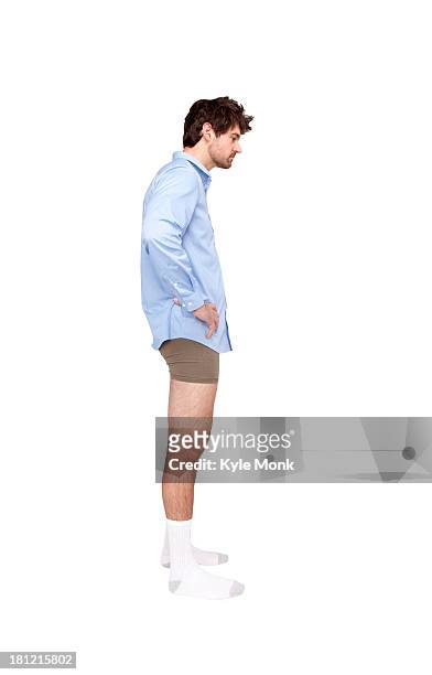caucasian businessman wearing shirt, socks and underwear - fatigue full body stock pictures, royalty-free photos & images