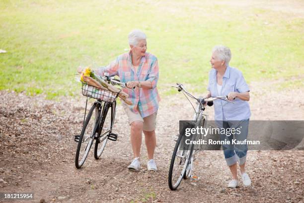 caucasian couple walking bicycles together - pushing bike stock pictures, royalty-free photos & images