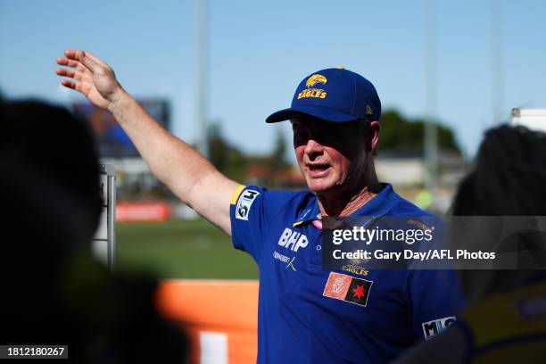 Michael Prior, Senior Coach of the Eagles addresses his players during the 2023 AFLW Round 07 match between the West Coast Eagles and Naarm at...