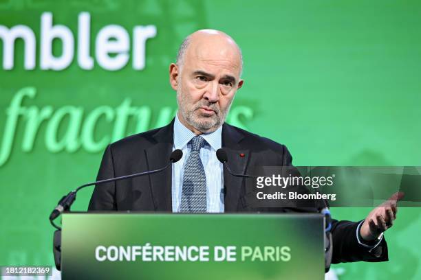 Pierre Moscovici, president of Cour des Comptes, speaks during the International Economic Forum of the Americas conference in Paris, France, on...