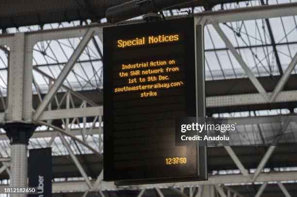 Digital screen at the railway station announce the upcoming industrial action as railway workers plan a strike due to the ongoing dispute over pay...