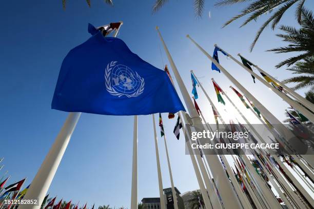 Worker hoists a United Nations flag with other national flags of participating countries at the venue of the COP28 UN climate summit in Dubai on...