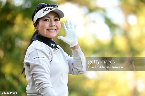 Serena Aoki of Japan waves on the 2nd hole during the third round of JLPGA Tour Championship Ricoh Cup at Miyazaki Country Club on November 25, 2023...