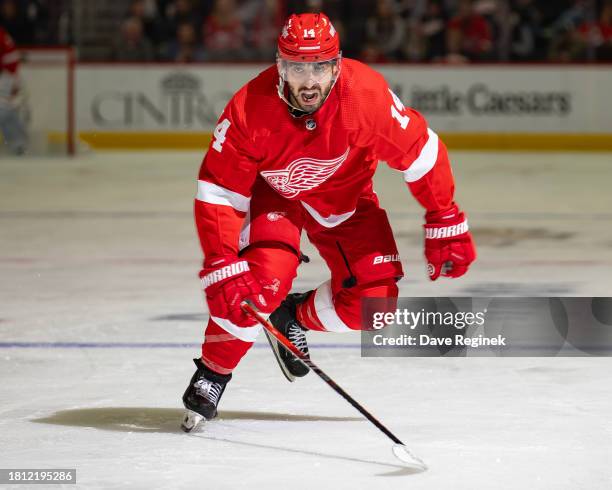 Robby Fabbri of the Detroit Red Wings skates up ice against the New Jersey Devils during the third period at Little Caesars Arena on November 22,...