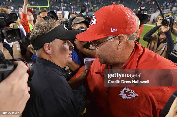 Head coach Chip Kelly of the Philadelphia Eagles and head coach Andy Reid of the Kansas City Chiefs shake hands after the game at Lincoln Financial...