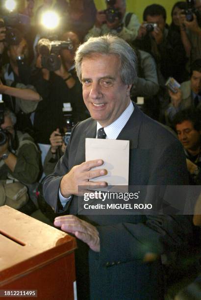 To go with AFP story by Ana-Ines Cibils: "Frente Amplio celebra 40 años con desafíos internos y gobernando Uruguay" Tabare Vazquez, presidential...