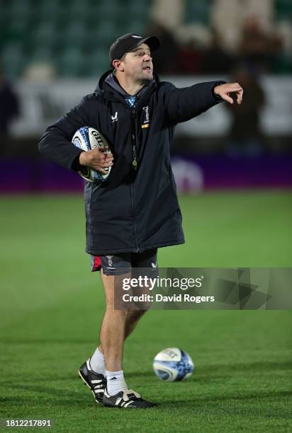 Nick Evans, the Harlequins attack coach issues instructions during the Gallagher Premiership Rugby match between Northampton Saints and Harlequins at...