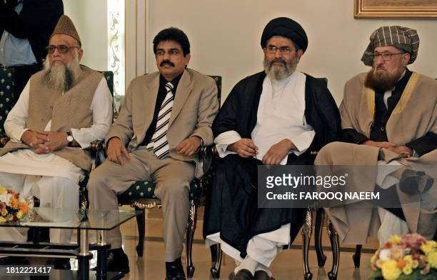 Pakistani political party leaders Maulana Sami ul Haq , Allama Sajid Naqvi , Shahbaz Bhatti , Allama Sajid Mir look on during the National Security...