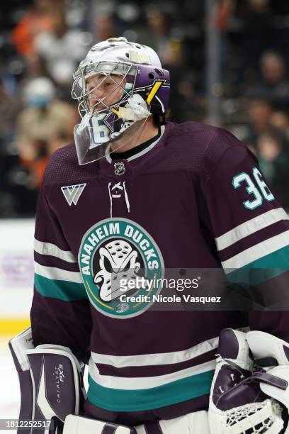 John Gibson of the Anaheim Ducks looks on during warmups before the game against the Los Angeles Kings at Honda Center on November 24, 2023 in...