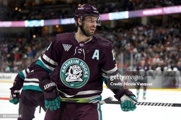 Adam Henrique of the Anaheim Ducks smiles in the first period during the game against the Los Angeles Kings at Honda Center on November 24, 2023 in...