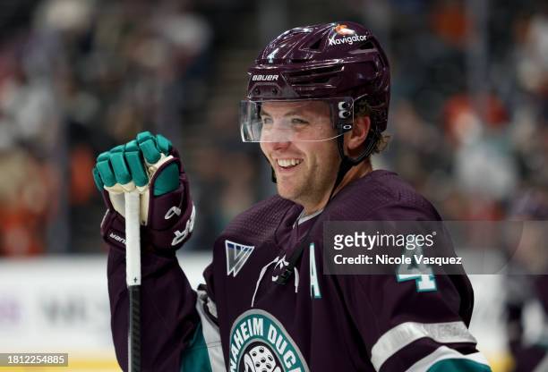 Cam Fowler of the Anaheim Ducks smiles during warmups before the game against the Los Angeles Kings at Honda Center on November 24, 2023 in Anaheim,...