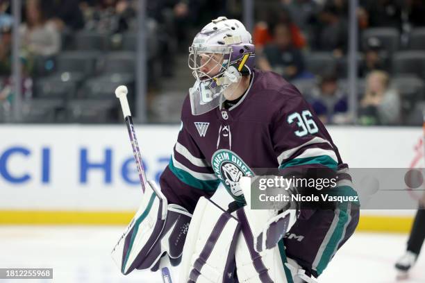 John Gibson of the Anaheim Ducks defends the net in the third period during the game against the Los Angeles Kings at Honda Center on November 24,...
