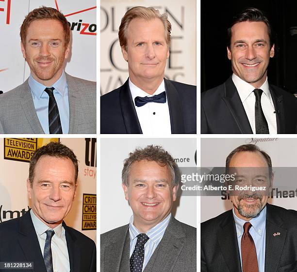 In this composite image a comparison has been made between the 2013 Emmy Nominees For Outstanding Lead Actor In A Drama Series. Actor Kevin Spacey...