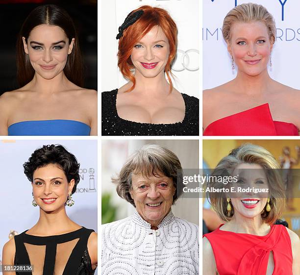 In this composite image a comparison has been made between the 2013 Emmy Nominees For Outstanding Supporting Actress In A Drama Series. Actress...