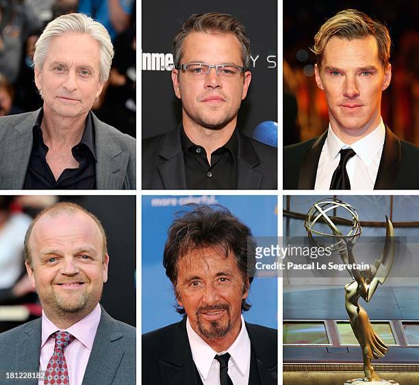 In this composite image a comparison has been made between the 2013 Emmy Nominees For Lead Actor In A Miniseries Or A Movie. The Emmy Award Trophy...