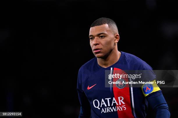 Kylian Mbappe of Paris Saint-Germain looks on during the Ligue 1 Uber Eats match between Paris Saint-Germain and AS Monaco at Parc des Princes on...