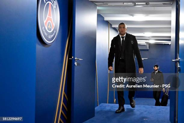 Kylian Mbappe of Paris Saint-Germain arrives to the stadium for the Ligue 1 Uber Eats match between Paris Saint-Germain and AS Monaco at Parc des...