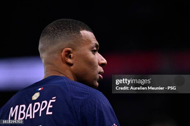 Kylian Mbappe of Paris Saint-Germain looks on during the Ligue 1 Uber Eats match between Paris Saint-Germain and AS Monaco at Parc des Princes on...