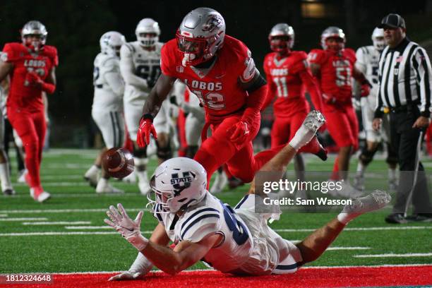 Tight end Broc Lane of the Utah State Aggies dives to try to catch a pass against safety Aaron Smith of the New Mexico Lobos during the second...