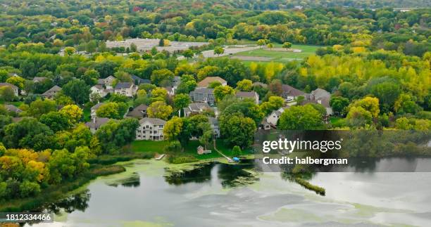 aerial shot of maple grove, minnesota with pond - minneapolis house stock pictures, royalty-free photos & images