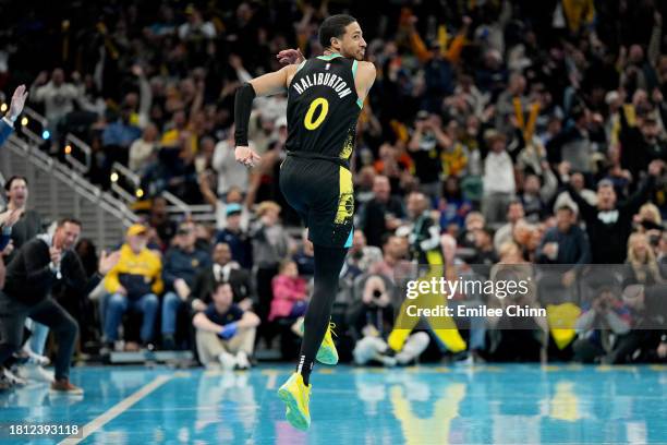 Tyrese Haliburton of the Indiana Pacers celebrates a three-point basket during the first half of an NBA In-Season Tournament game against the Detroit...